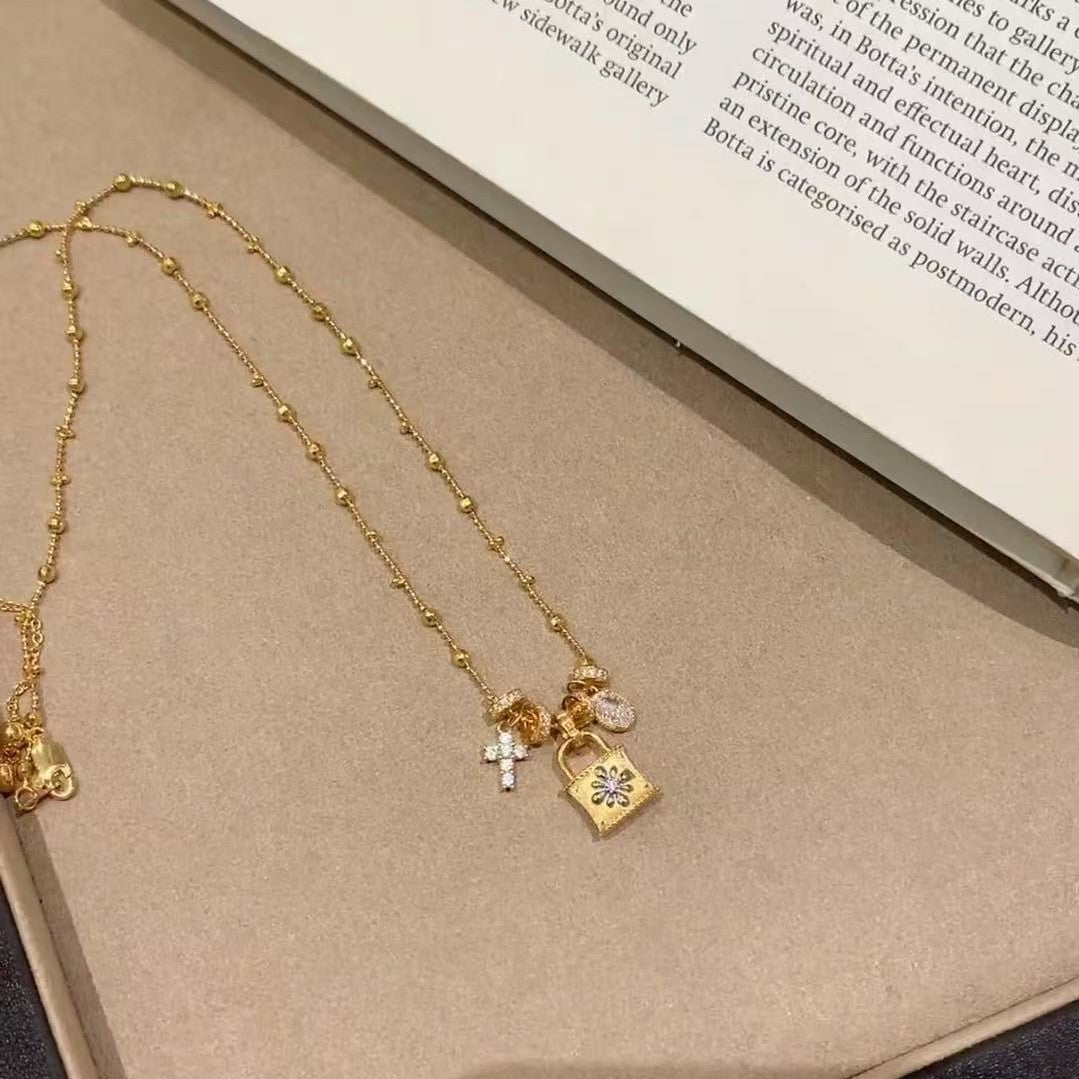 Pure Silver S925 Brushed Craft Running Ring Cross Lock Bag Necklace Vintage Second-Hand Light Luxury High-End Feel