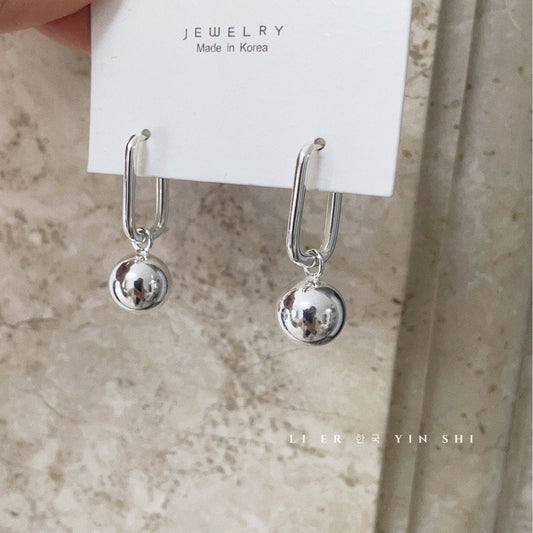 Korean Original S925 Sterling Silver Round Ball Rectangular Buckle Earrings Geometric Ear Buckle Fashion Personality High-end Earrings for Women