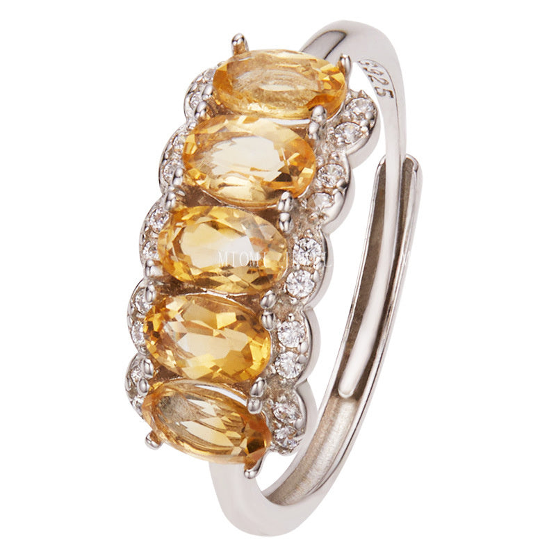 S925 Sterling Silver Natural Yellow Crystal Ring for Women, High-End Sense, Row of Diamonds, Colorful Gemstone Jewelry, Index Finger Ring, Live Streaming Hot Item