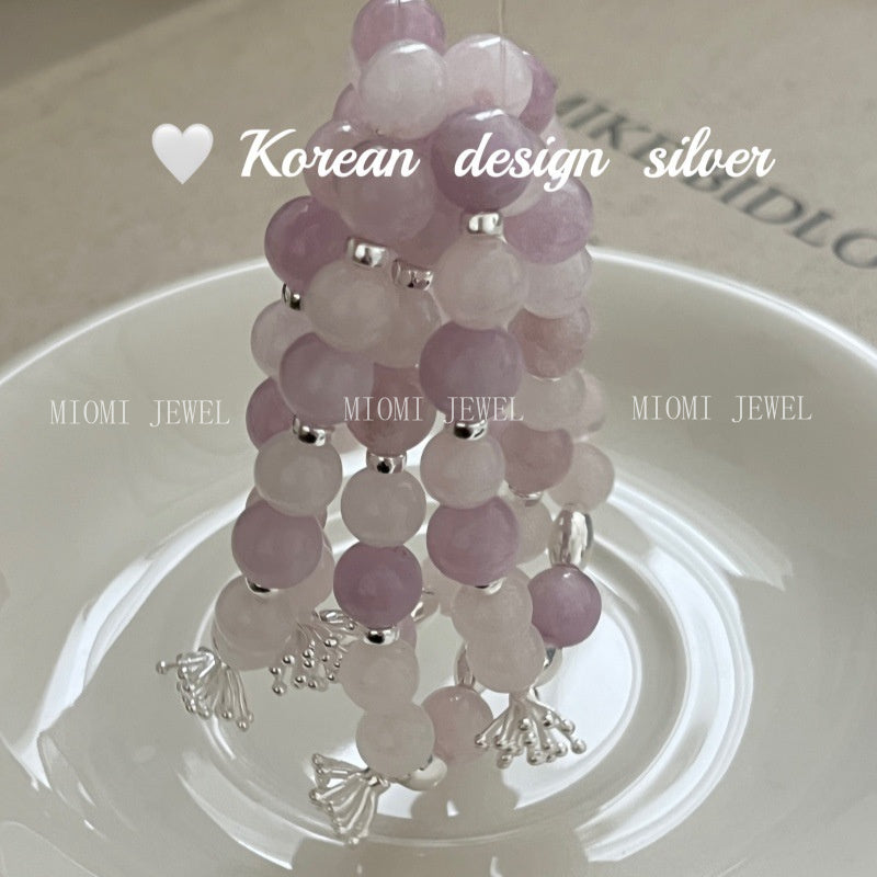 Korean Style Simple High-End Fresh S925 Sterling Silver Purple Mica Pink Crystal Flower Pistil Elastic Cord Bracelet for Women