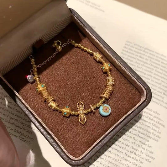 Blue Turquoise Coiled Bracelet Luxurious Ancient Method S925 Sterling Silver Plated with 18k Gold