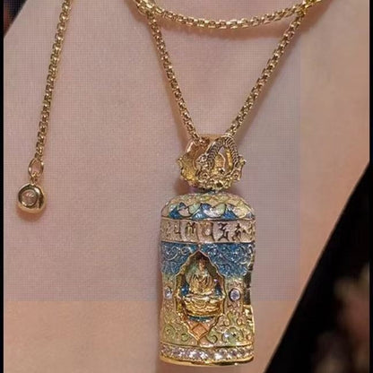 Pure Silver S925 New Chinese Style Retro National Style Four-Faced Buddha Prayer Wheel Enamel Craft Necklace High-End Elegant Light Luxury