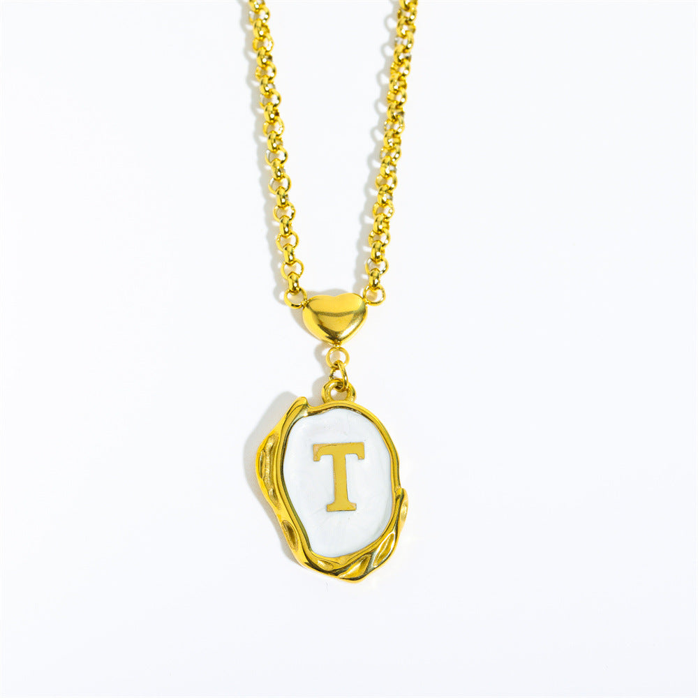 Titanium Steel 26 Letters Gold Medal Necklace Oil Drop Three-Dimensional Character Pendant Holiday Style Oyster Shell Clavicle Chain for Women