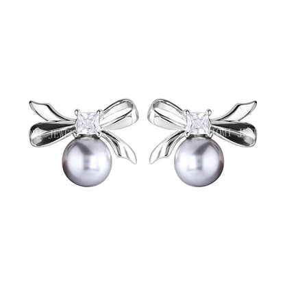 925 Sterling Silver Bowknot Square Zircon Earrings for Women Simple Sweet Girly Temperament Pearl Earrings 8646A