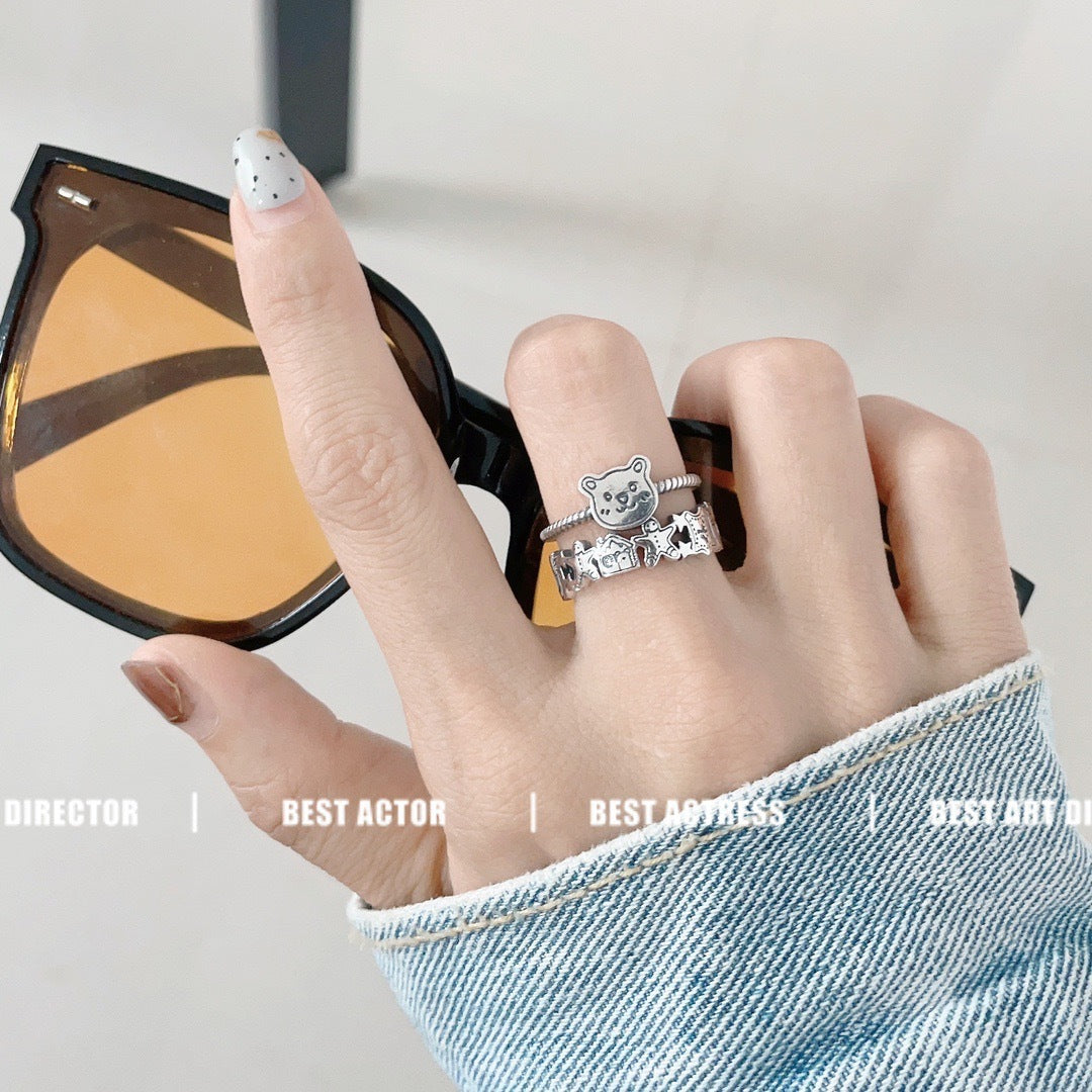 Sterling Silver S925 Bear Gingerbread Man Ring Cute Fresh Bear Creative Design Open Ring Index Finger Ring