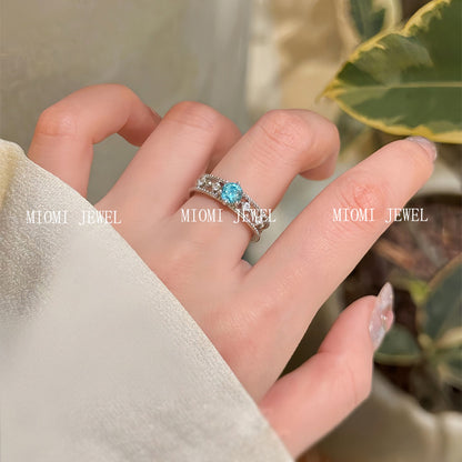Gold Jewelry S925 Silver Daily Luxury Style One Carat Aquamarine Firework Cut Ring for Women Fashion Versatile Style