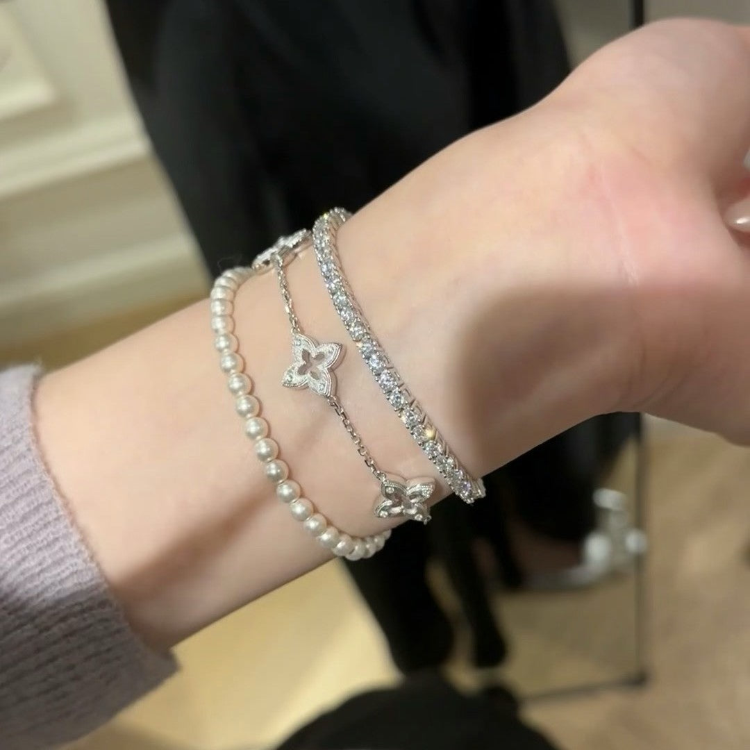 Pure Silver S925 Vintage Style Brushed Star Lucky Four-Leaf Clover Satin Brushed Bracelet Exquisite and Elegant