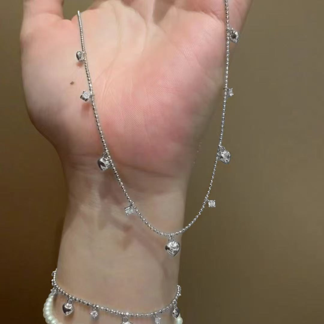 Pure Silver S925 Italian Vintage Brushed Light Luxury High-End Jewelry High Carbon Diamond Heart Collarbone Chain