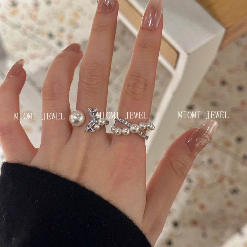 S925 Sterling Silver Micro Inlaid Zircon Pearl Fish Tail Ring Niche Design Sense V-shaped Diamond Ring Tail Ring for Women