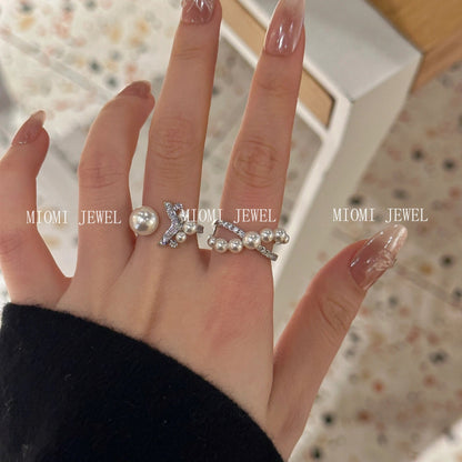 S925 Sterling Silver Micro Inlaid Zircon Pearl Fish Tail Ring Niche Design Sense V-shaped Diamond Ring Tail Ring for Women
