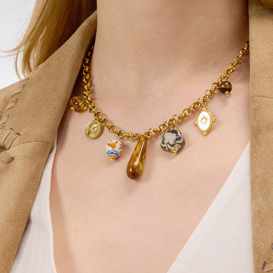 Titanium Steel Resin Ceramic Multi Pendant Necklace Niche Light Luxury Collarbone Chain Stainless Steel Jewelry High-end Feel