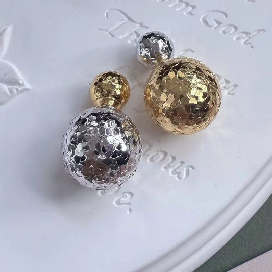 Sterling Silver S925 CNC Crushed Ice Sparkling Two-tone Round Ball Earrings Light Luxury High-end Fashion Versatile Niche Unique