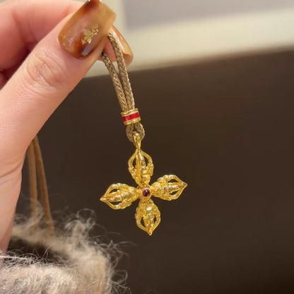 Brown Rope Necklace Pure Silver S925 Ruby Cross Vajra Necklace for Women Double-Sided Pendant Autumn Winter