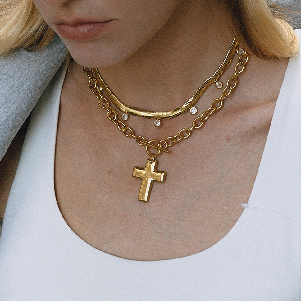 Titanium Steel Cross Necklace Light Luxury High-end OT Buckle Clavicle Chain Non-fading Stainless Steel Jewelry for Women
