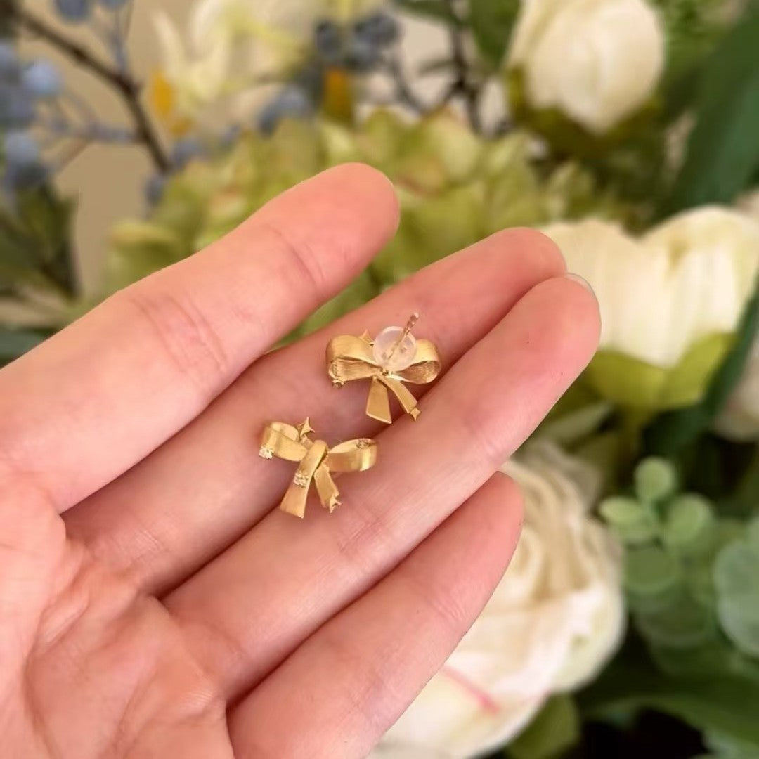 Italian Vintage Craftsmanship Light Luxury High-End Feel 925 Sterling Silver Bowknot Brushed Earrings