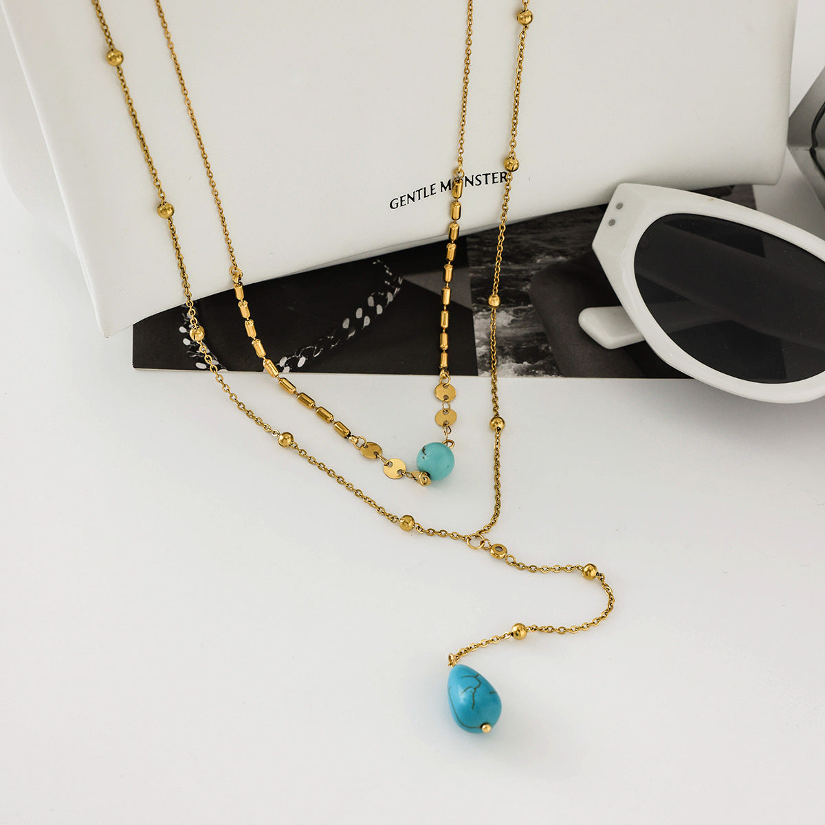 Blue Turquoise Double Layer Titanium Steel Long Necklace Accessories Women Light Luxury High-end Sense Y Chain Stainless Steel Jewelry