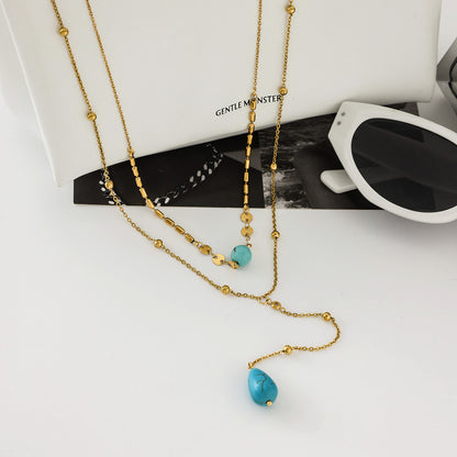 Blue Turquoise Double Layer Titanium Steel Long Necklace Accessories Women Light Luxury High-end Sense Y Chain Stainless Steel Jewelry