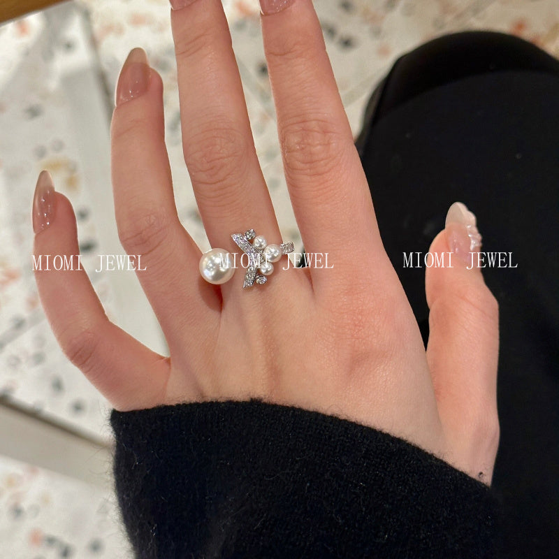 S925 Sterling Silver Micro Inlaid Zircon Pearl Fish Tail Ring Niche Design Sense V-shaped Diamond Ring Tail Ring for Women