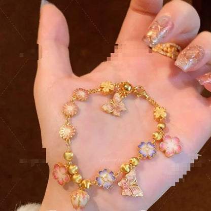 Sterling Silver S925 Enamel Gradient Craft Double-Sided Wear Butterfly Lily of the Valley Cherry Blossom Bracelet Flower Design High-End Bracelet