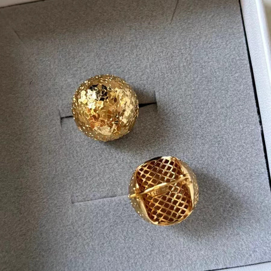 Light Luxury Jewelry Pure Silver S925 Real Gold Plated Crushed Ice Sparkling Pinecone Earrings Fish Scale Hong Kong Style Versatile High-end