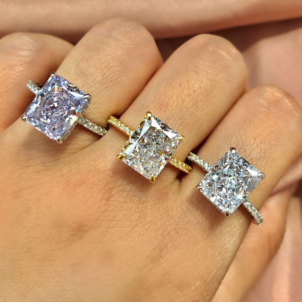 High Carbon Diamond Jewelry S925 Sterling Silver Heavy Craft Ring for Women 8A Zircon Square Ice Flower Cut Gemstone Ring