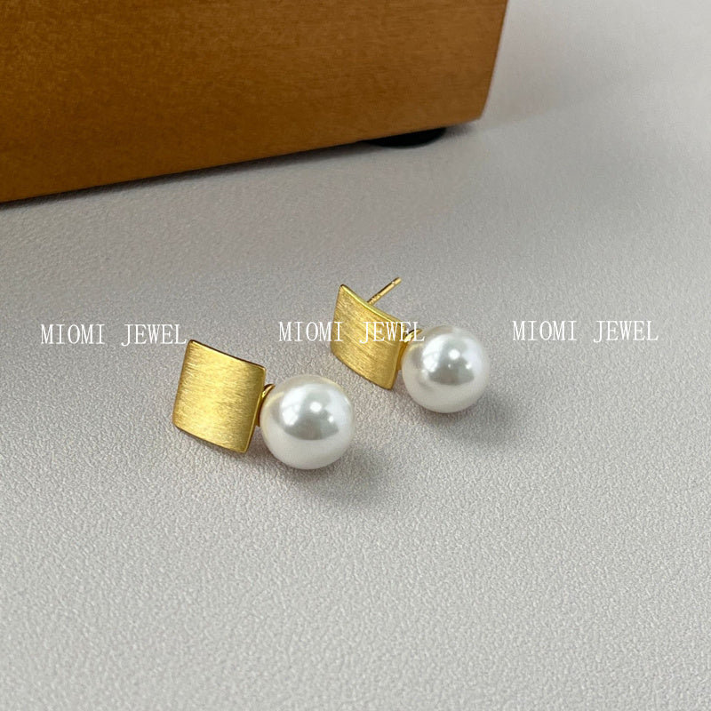 Geometric Square Pearl Stud Earrings for Women 925 Silver French Retro Niche Brushed Ear Jewelry