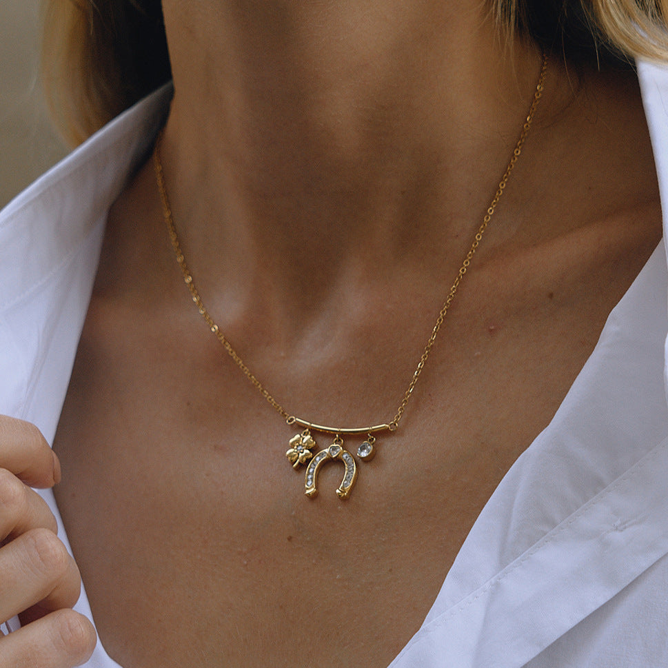 Titanium Steel Zircon Necklace Light Luxury High-end Oil Drop Earrings Horseshoe Series Bracelet Stainless Steel Jewelry