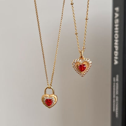 Brushed Craft Heart-shaped Ruby Heart Necklace Niche Luxury Sparkling Diamond Brushed Heart Necklace for Women Ins Super Fairy