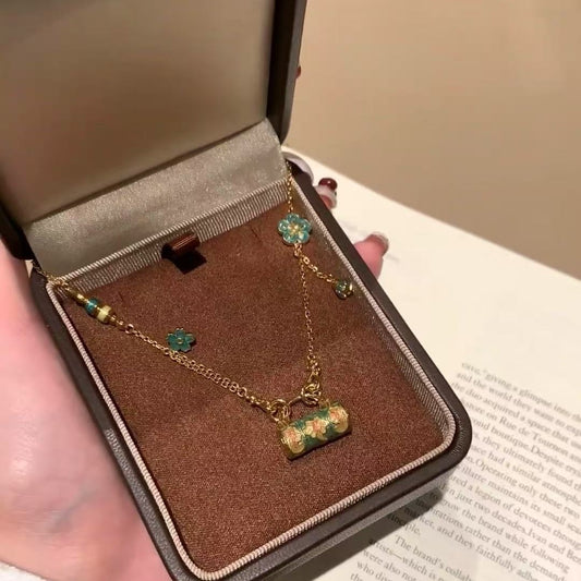 New Chinese Style Retro National Style Flower Enamel Craft Longevity Lock High-end Sense Elegant Light Luxury Bowknot Blessing