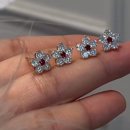 Italian Light Luxury High-End Jewelry 925 Sterling Silver Ruby Flower Pistil Five-Flower Small Diamond Earrings
