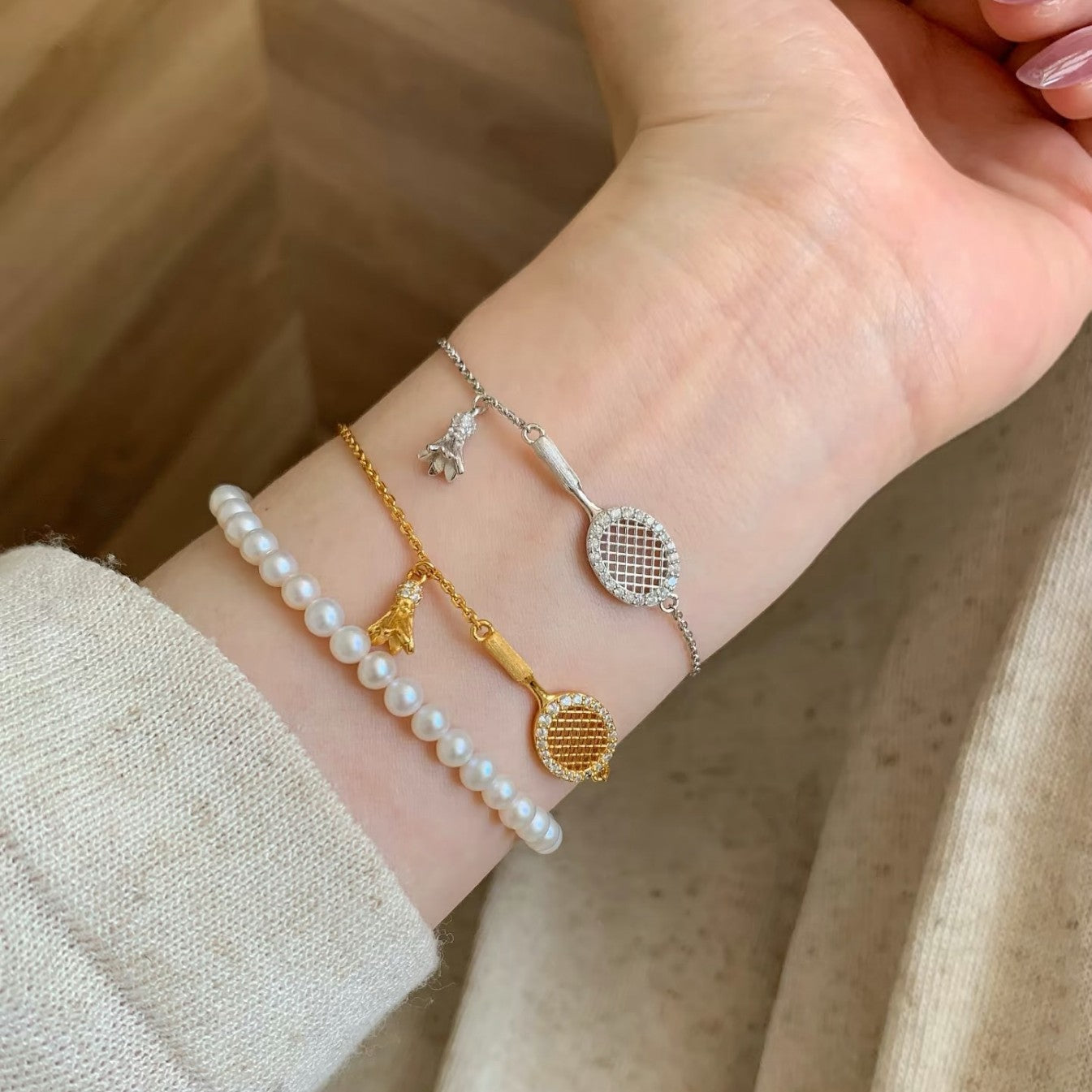 Pure Silver S925 Brushed Craft Badminton Necklace Bracelet Earrings Set Light Luxury High-end Fashion Versatile