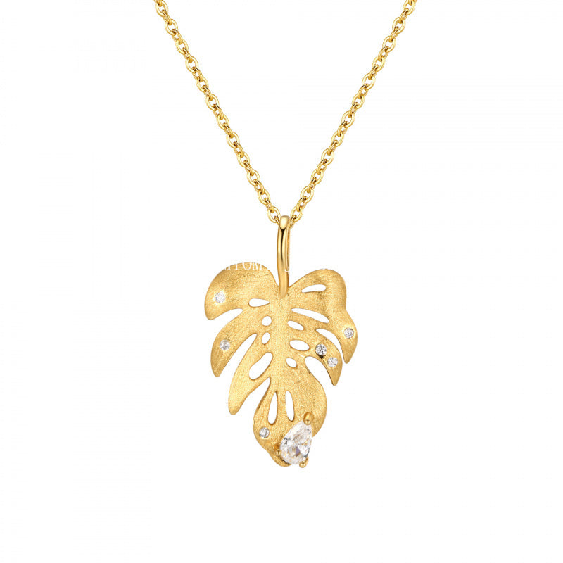 S925 Sterling Silver Vintage Style Brushed Pointed Diamond Gold Branch Jade Leaf Necklace Exquisite Niche Design Leaf Pendant Collarbone Chain