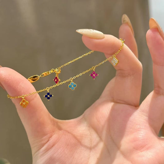 Pure Silver S925 Dopamine Four-Leaf Clover Bracelet Necklace Light Luxury High-End Niche Fashion Simple Versatile