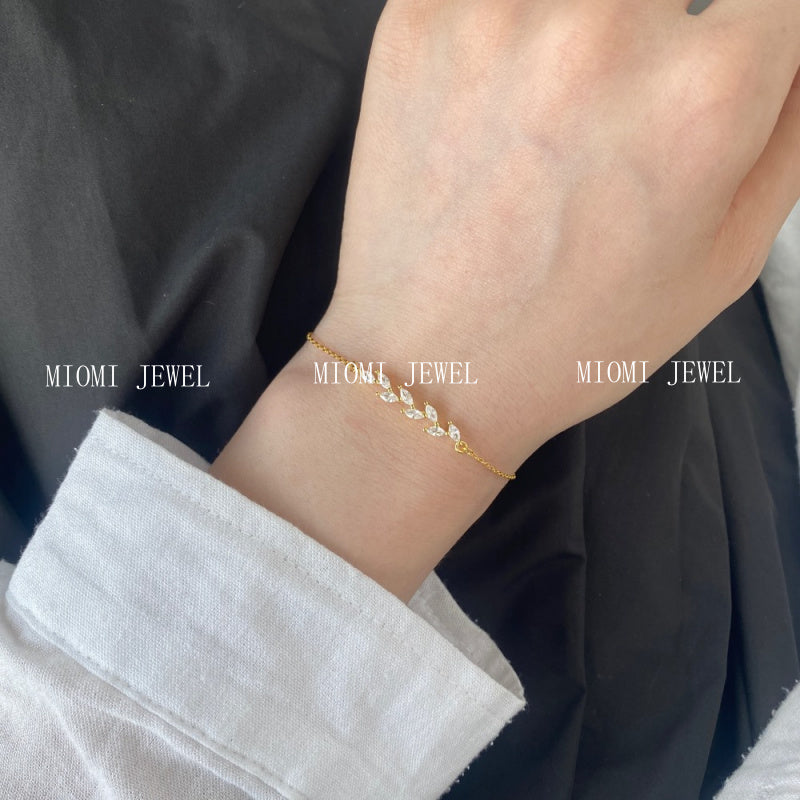 S925 Sterling Silver Bracelet for Women, Mori Style, Wheat Ear Leaves, Horse Eye Micro Pave Zirconia, Fine Chain, Exquisite Light Luxury Bracelet Wholesale