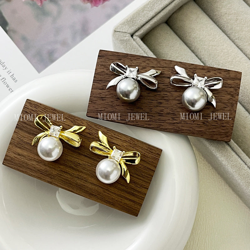 925 Sterling Silver Bowknot Square Zircon Earrings for Women Simple Sweet Girly Temperament Pearl Earrings 8646A