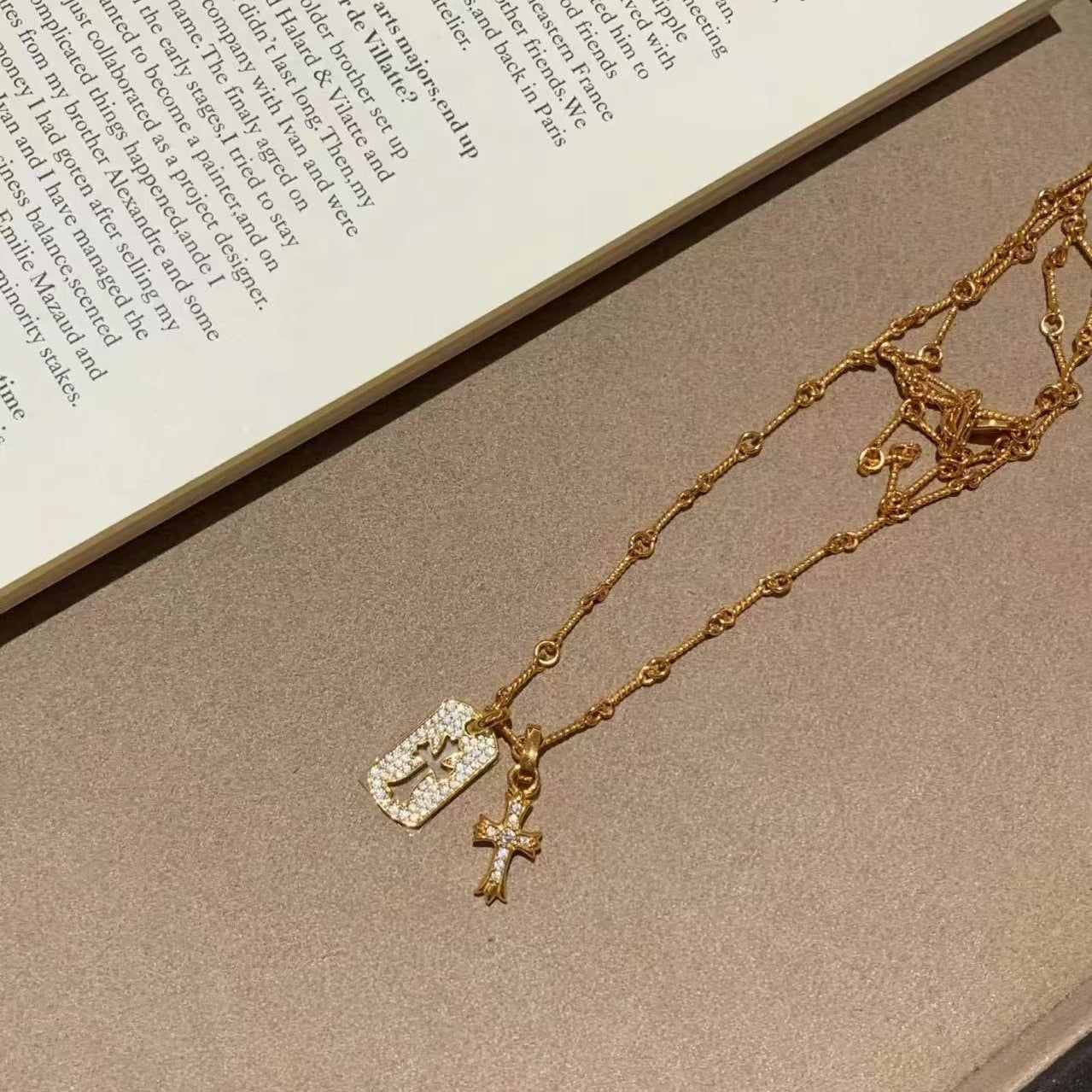 Sterling Silver S925 Double Cross Necklace Niche Ins Style High-end Light Luxury European and American Retro Versatile Heavy Craft Collarbone