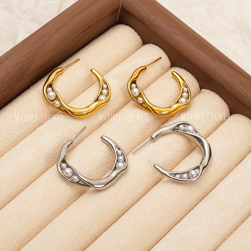 18k Gold Inlaid Pearl Circle Earrings Light Luxury High-end Feel Non-fading Titanium Steel Water Drop C-shaped Ear Jewelry