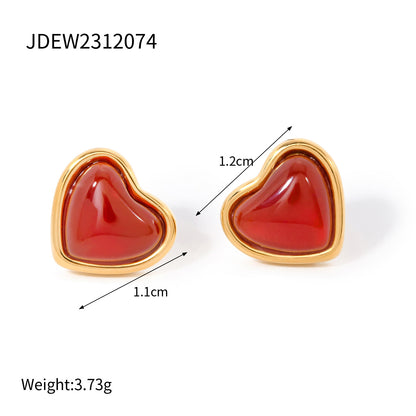 18k Gold Stainless Steel Red Agate Heart Necklace High-end Pendant Earrings Niche Ins Style Ring