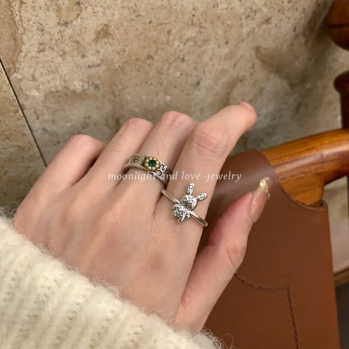 Sterling Silver S925 Vintage Old Flower Pattern Rabbit Ring Light Luxury Distressed Personality Open Index Finger Ring