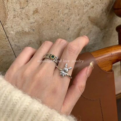 Sterling Silver S925 Vintage Old Flower Pattern Rabbit Ring Light Luxury Distressed Personality Open Index Finger Ring
