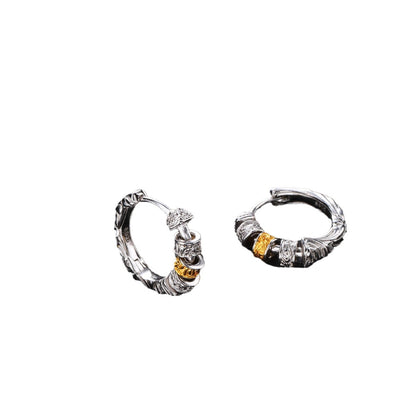 Korean Version Pure Silver Tang Grass Pattern Gold and Silver Color Block Lucky Earrings Ear Clips for Women Exquisite Fashion Versatile Korean Style