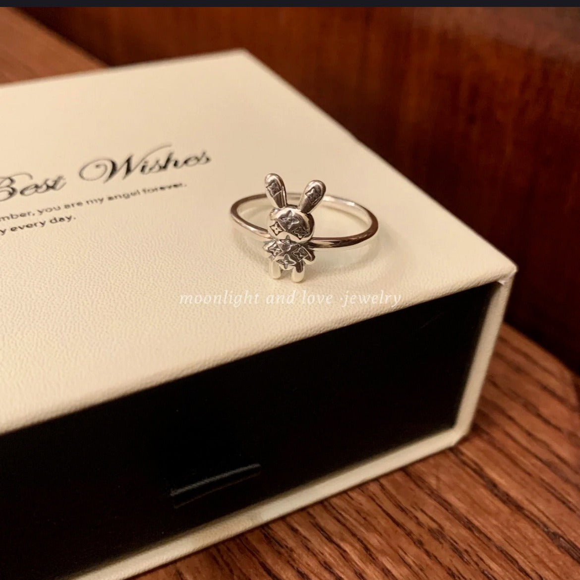 Sterling Silver S925 Vintage Old Flower Pattern Rabbit Ring Light Luxury Distressed Personality Open Index Finger Ring