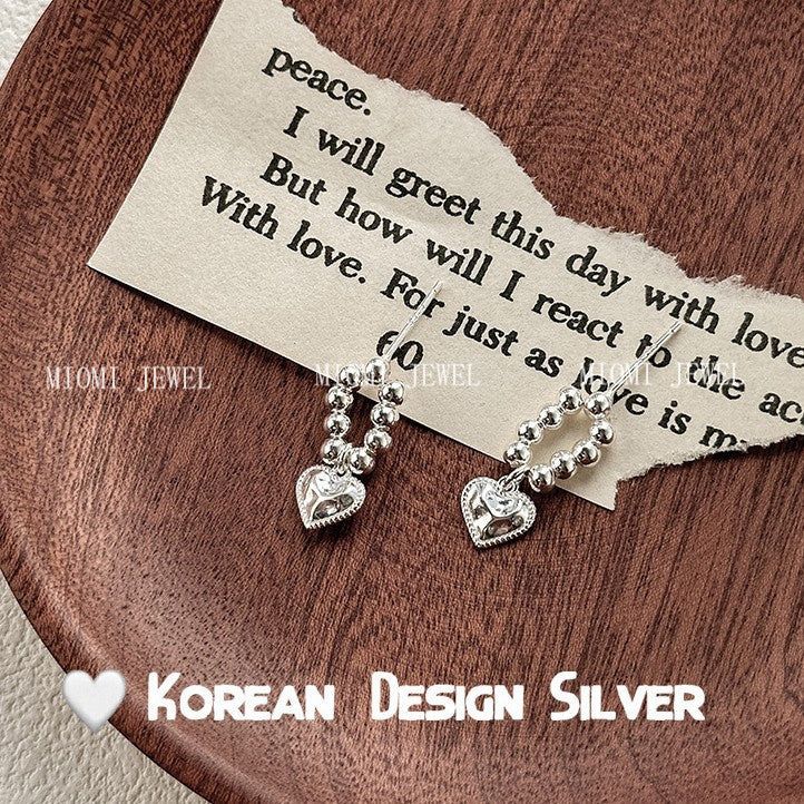 S925 Sterling Silver Beaded Hammered Heart Earrings Unique High-end Feel Women's Niche Fashion Xiaohongshu Same Style Earrings