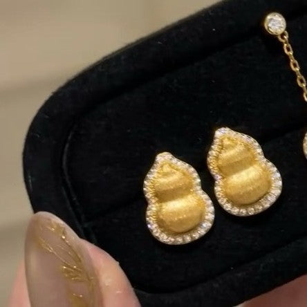 New Chinese Style Brushed Gourd Earrings for Women, Light Luxury, High-end Feel, Elegant and Grand, Gold Vintage, Face Slimming