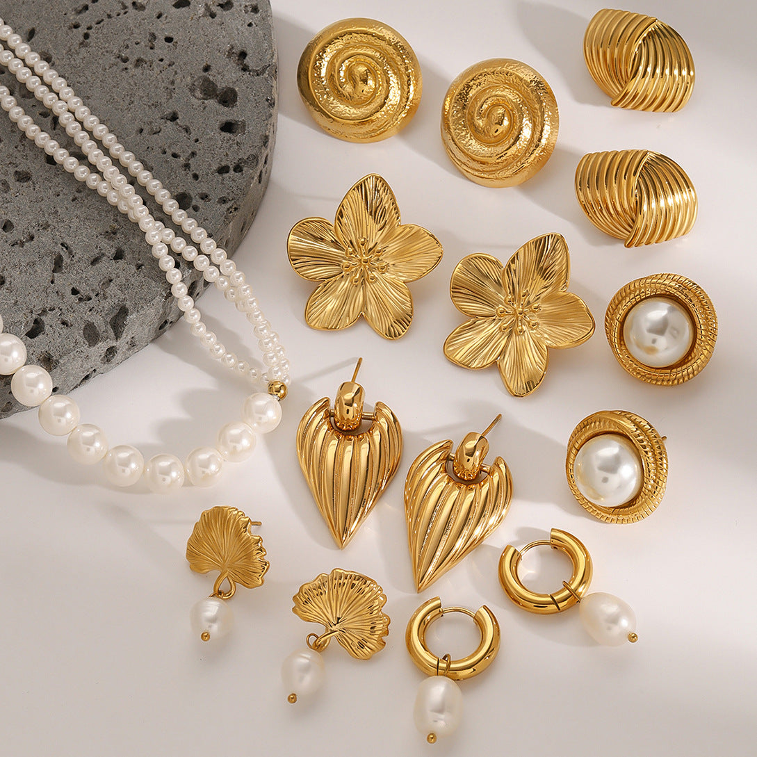 Stainless Steel Pearl Necklace High-end Exaggerated Flower Stud Earrings Titanium Steel Jewelry Earrings