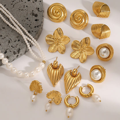 Stainless Steel Pearl Necklace High-end Exaggerated Flower Stud Earrings Titanium Steel Jewelry Earrings