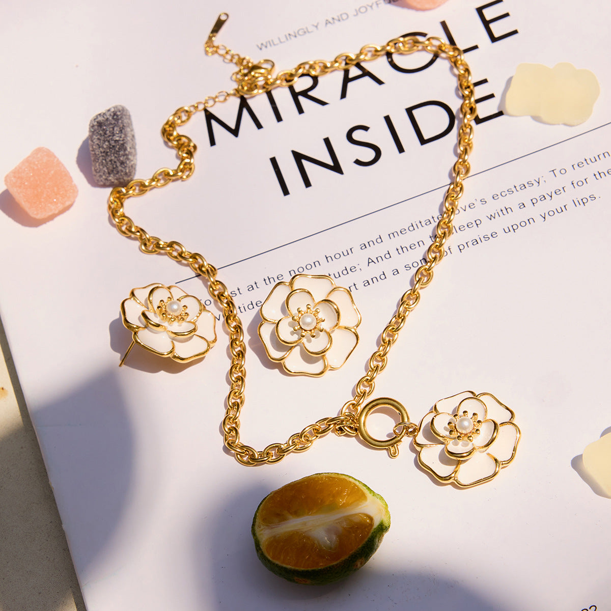 Flower Titanium Steel Necklace Light Luxury Niche Earrings for Women High-end Light Luxury 18K Gold Stainless Steel Ring