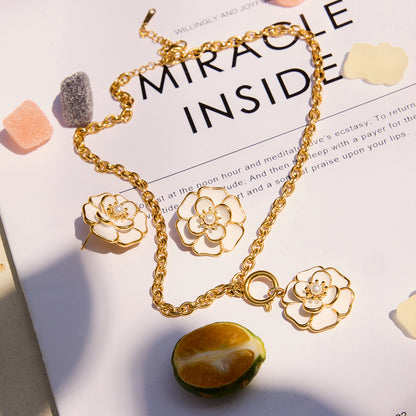 Flower Titanium Steel Necklace Light Luxury Niche Earrings for Women High-end Light Luxury 18K Gold Stainless Steel Ring