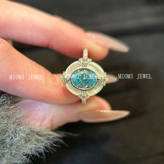 S925 Sterling Silver Aquamarine Oval White Shell Ring Artistic Retro Palace Vintage Medieval Style Gemstone Diamond Ring