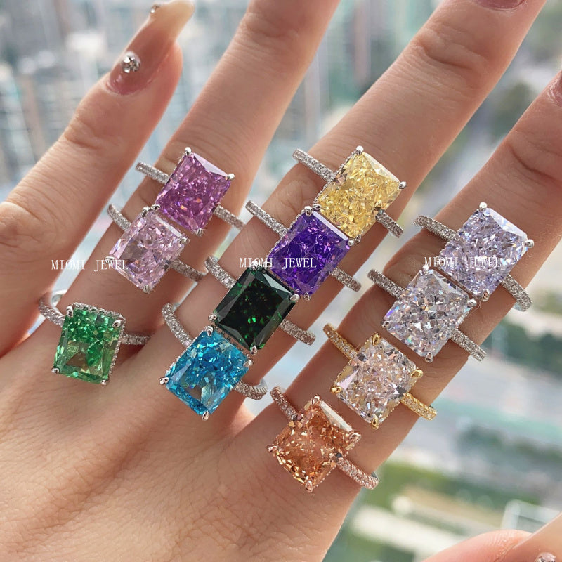 High Carbon Diamond Jewelry S925 Sterling Silver Heavy Craft Ring for Women 8A Zircon Square Ice Flower Cut Gemstone Ring